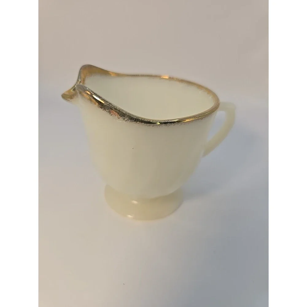 Fire King Creamer Golden Anniversary Ivory Swirl Gold Trim USA Anchor Hocking